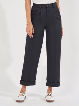 Styli - Women Black Solid High Rise Turn-Up Hem Regular Length Trouser