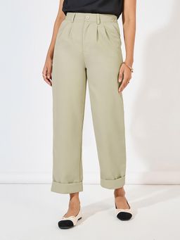 Styli - Women Green Highwaist Pleated Rollup Hem Trouser