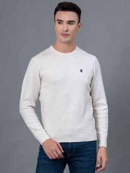 Red Tape - Off-White Melange Polyester Acrylic Spandex Men's Sweater
