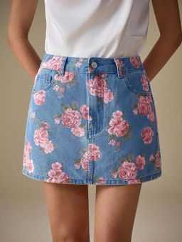 Outzidr - Blue Floral Printed Skirt