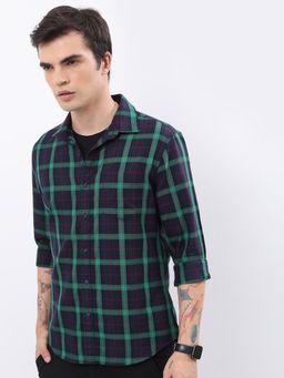 HIGHLANDER - Navy Blue Tartan Checks Slim Fit Casual Shirt
