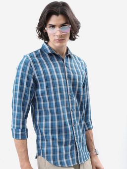 HIGHLANDER - Slim Fit Blue Tartan Checked Casual Cotton Shirt