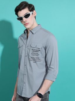 HIGHLANDER - Slim Fit Typography Printed Spread Collar Cotton Casual Shirt