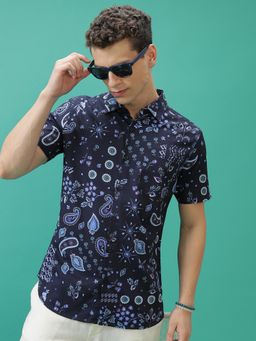 HIGHLANDER - Slim Fit Navy Blue Printed Casual Shirt