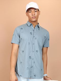 HIGHLANDER - Conversational Printed Slim Fit Grey Cotton Casual Shirt