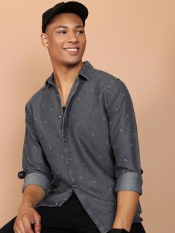 HIGHLANDER - Slim Fit Grey Printed Casual Shirt
