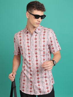 HIGHLANDER - Floral Printed Slim Fit Cotton Pink Shirt