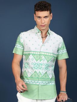 HIGHLANDER - Slim Fit Green Printed Cotton Casual Shirt