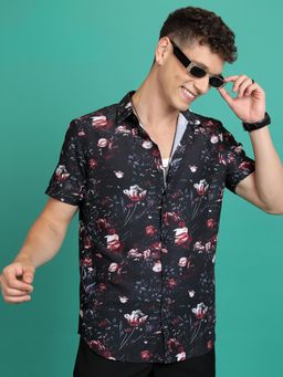HIGHLANDER - Slim Fit Floral Printed Black Casual Shirt