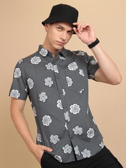 HIGHLANDER - Floral Printed Cotton Slim Fit Grey Shirt