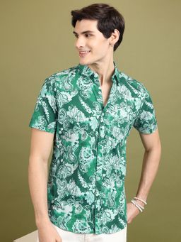 HIGHLANDER - Green Printed Cotton Slim Fit Shirt