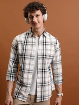 HIGHLANDER - Men Cream Full Sleeve Checked Shirt