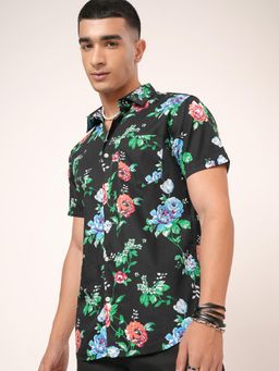 HIGHLANDER - Black Floral Half Sleeves Casual Slim Fit Shirt