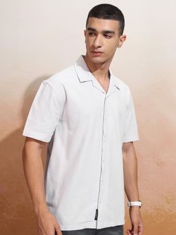 HIGHLANDER - Men Dobby White Cuban Collar Relaxed Shirt