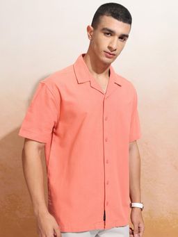 HIGHLANDER - Men Dobby Orange Cuban Collar Relaxed Shirt