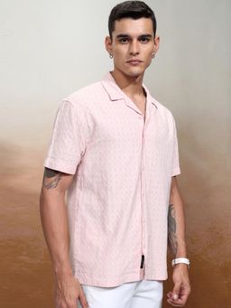 HIGHLANDER - Men Coral Dobby Pink Relaxed Shirt