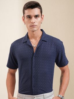 HIGHLANDER - Men Dobby Navy Blue Textured Shirt