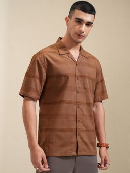 HIGHLANDER - Men Chenille Yarn Brown Stripes Relaxed Shirt