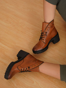 Peach Flores - Women Leather Carmen Short Casual Boots Tan