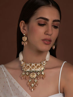 Joules By Radhika - Meenakari Off White Orange Necklace and Earring with Jade Drops (Set of 2)