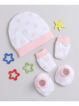 Bumzee - White & Baby Pink Girls Cotton Cap Mitten Bootie Set Age - 0-3 Months