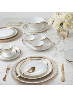 HomeTown - Amour Bone China Dinner Set Of 33 Pieces In Real Gold Plating & White Colour