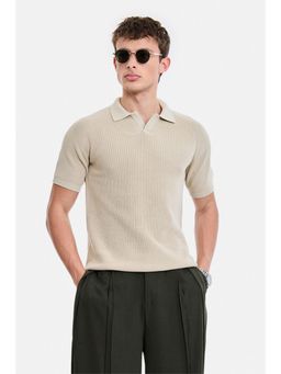 Snitch - Beige Textured Half Sleeves Regular Polo T-Shirt