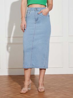 Miss Chase - Women Light Blue Straight High Rise Midi Stretchable Denim Skirt (36)