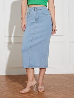 Miss Chase - Women Light Blue Straight High Rise Clean Look Midi Denim Skirt (36)