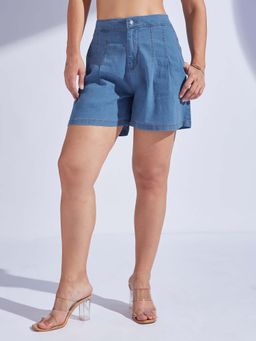 Miss Chase - Women Blue Flared High-Rise Denim Shorts (36)