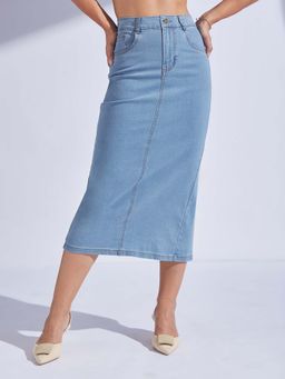 Miss Chase - Women Light Blue Straight High Rise Midi Stretchable Denim Skirt (36)