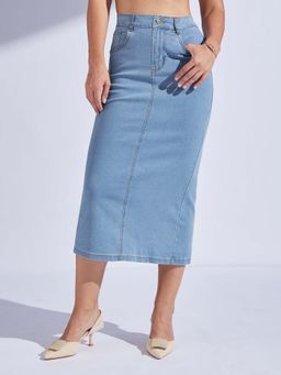 Miss Chase - Women Light Blue Regular High Rise Midi Denim Skirt (36)