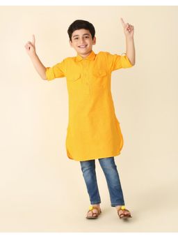 Fabindia - Yellow Cotton Dobby Pathani Kurta