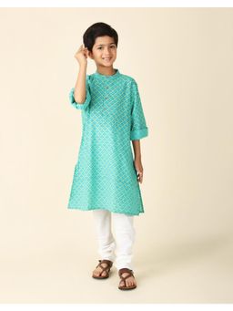 Fabindia - Teal Cotton Printed Long Kurta