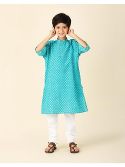 Fabindia - Teal Cotton Printed Long Kurta
