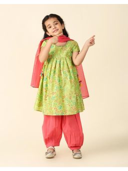 Fabindia - Green Cotton Silk Printed Salwar (Set of 3)