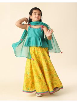 Fabindia - Teal Cotton Silk Blend Printed Lehenga (Set of 3)