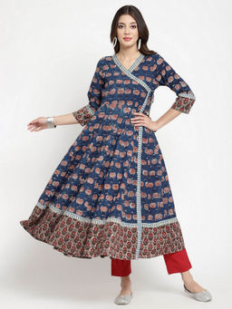 SAVI - Blue Cotton Dabu Hand Floral Printed Angrakha Kurta