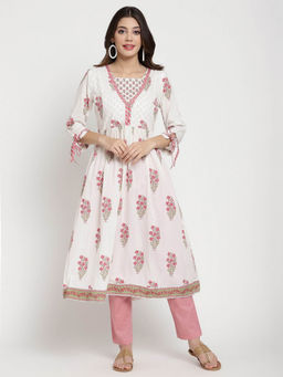 SAVI - White Cotton Floral Printed Anarkali Kurta