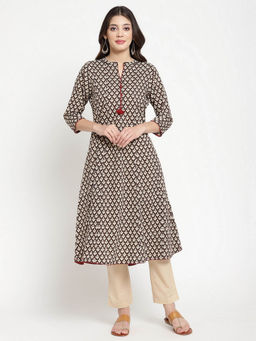 SAVI - Beige and Black Cotton Printed Flared Kurta