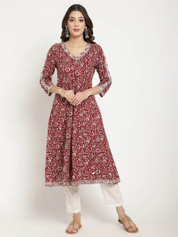 SAVI - Red Cotton Floral Printed Anarkali Kurta