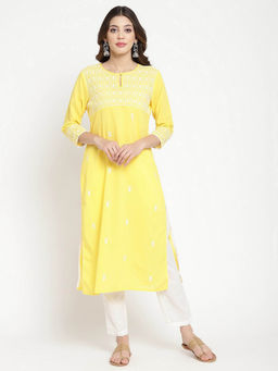 SAVI - Yellow Cotton Embroidered Straight Kurta