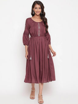 SAVI - Women Wine Embroidered Tie Up Flared Midi Dress