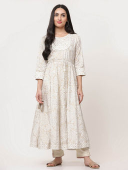 SAVI - Off White Printed Designer Anarkali Kurta