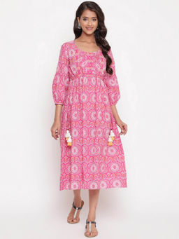 SAVI - Women Pink Cotton Printed Tie Up Gathered Midi Dress