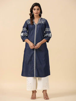 SAVI - Women Dark Blue Embroidered Denim A-Line Kurta