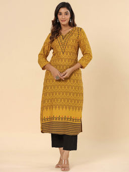 SAVI - Mustard printed Rayon Straight Kurta