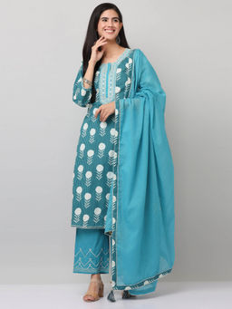 SAVI - Blue Cotton Printed Embroidered Kurta & Pant with Dupatta (Set of 3)