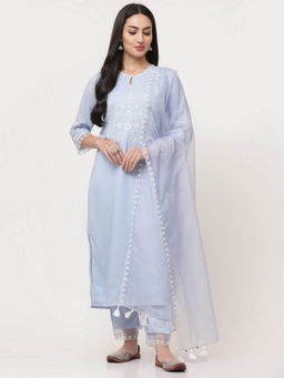 SAVI - Light Blue Embroidered Kurta & Pant With Dupatta (Set of 3)