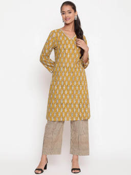 SAVI - Mustard Cotton Printed Kurta With Pant (Set of 2)